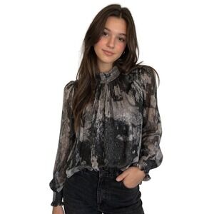 Evereve Womens Metallic Smocked High Neck Abstract Floral Blouse Size M‎